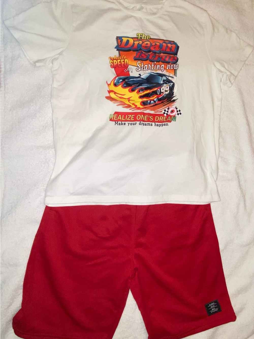SHEIN White & Red Kids Short Set with Race Car Graphic